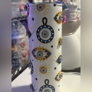 Decorative Evil Eye Accent Cylinder - White, Blue & Gold